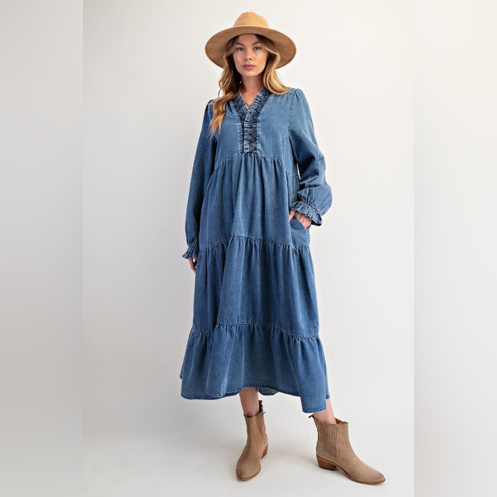 Easel • Smock Neck Tiered Denim Cotton Long Sleeve Maxi Dress S M L